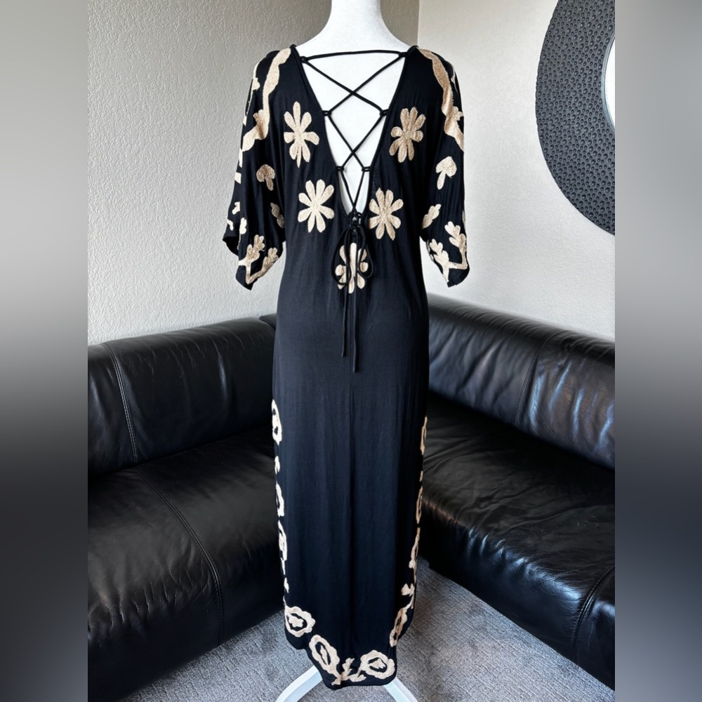 Free People Black Maxi Dress with Cream Floral Appliqué & Lace-Up Back